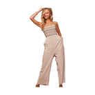 Striped linen jumpsuit for women with elastic smocked bodice and relaxed wide legs
