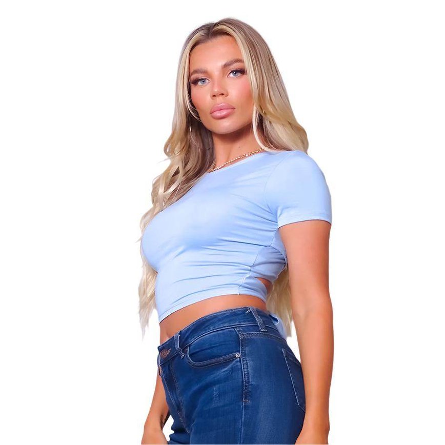 Short Sleeve Round Neck Crossover Multi Way Tie Top - VacationGrabs