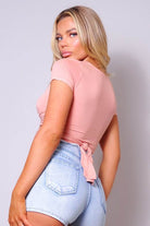 Short Sleeve Round Neck Crossover Multi Way Tie Top - VacationGrabs