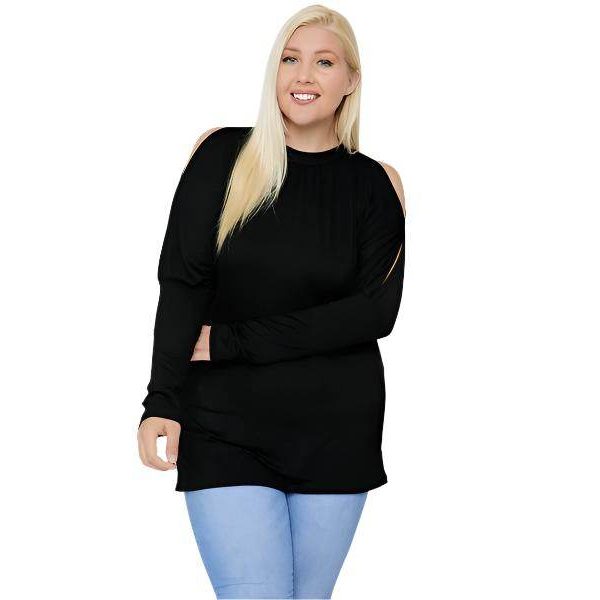 Plus Size Open Shoulder Long Sleeve Solid Tops - VacationGrabs