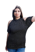 Plus Polka Dot Cold Shoulder Short Sleeve Back Self-tie Top - VacationGrabs