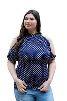 Plus Polka Dot Cold Shoulder Short Sleeve Back Self-tie Top - VacationGrabs