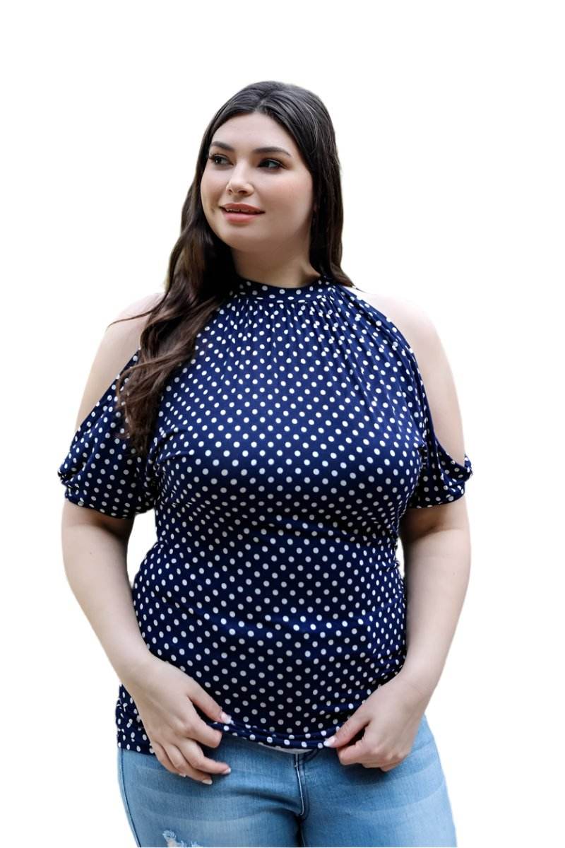 Plus Polka Dot Cold Shoulder Short Sleeve Back Self-tie Top - VacationGrabs