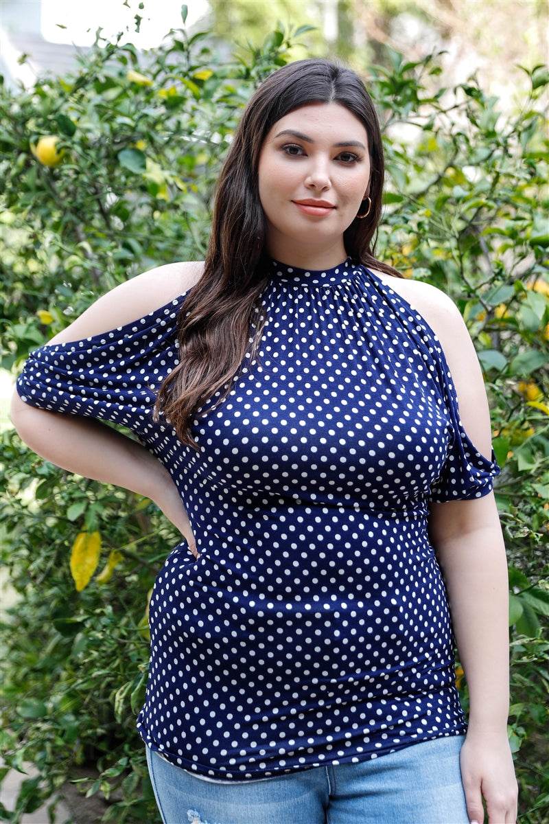 Plus Polka Dot Cold Shoulder Short Sleeve Back Self-tie Top - VacationGrabs