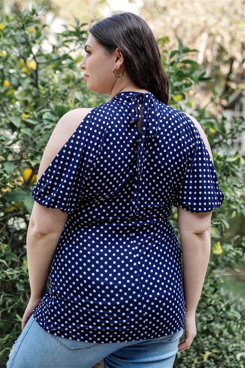 Plus Polka Dot Cold Shoulder Short Sleeve Back Self-tie Top - VacationGrabs
