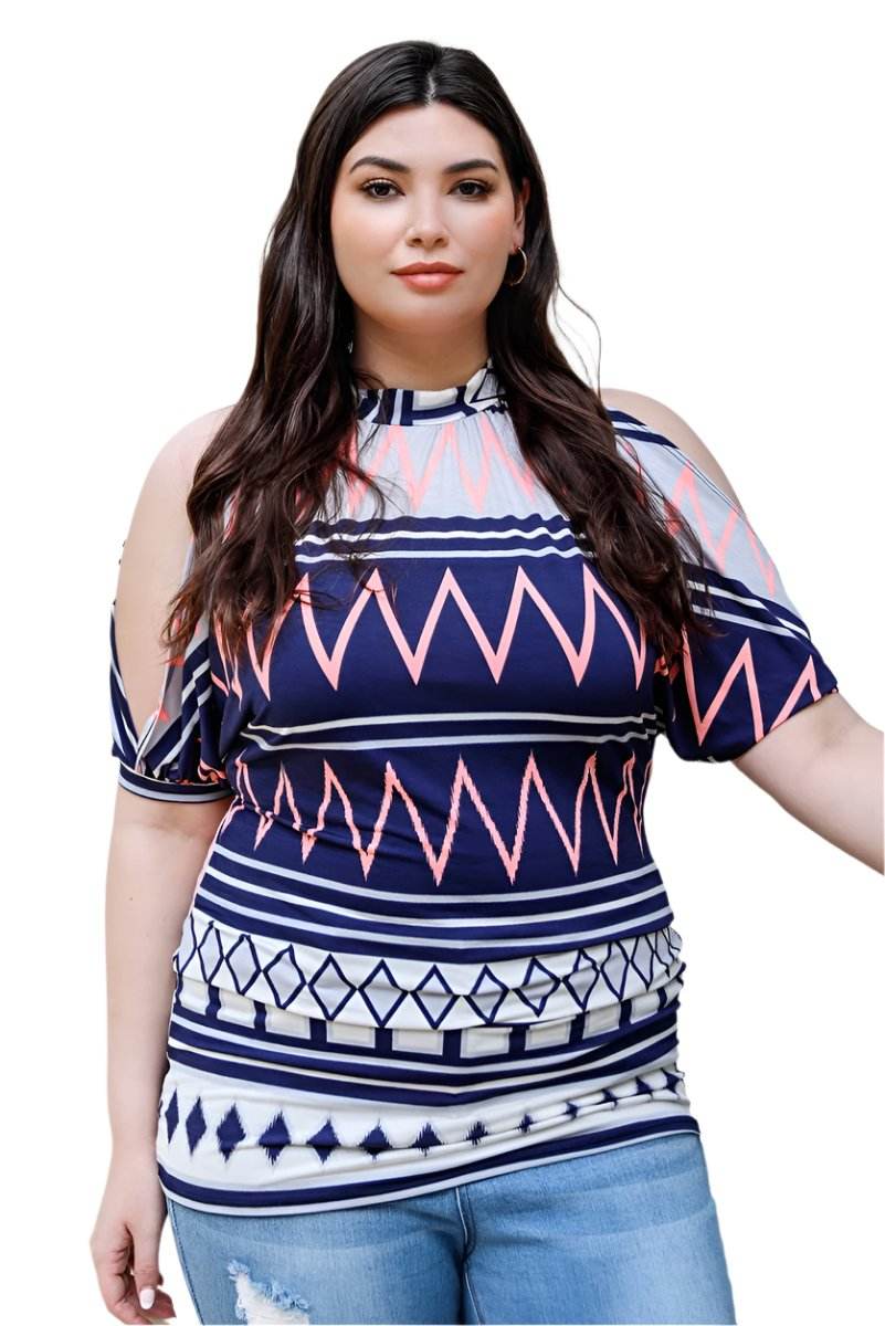 Plus Polka Dot Cold Shoulder Short Sleeve Back Self-tie Top - VacationGrabs