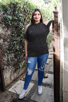 Plus Polka Dot Cold Shoulder Short Sleeve Back Self-tie Top - VacationGrabs