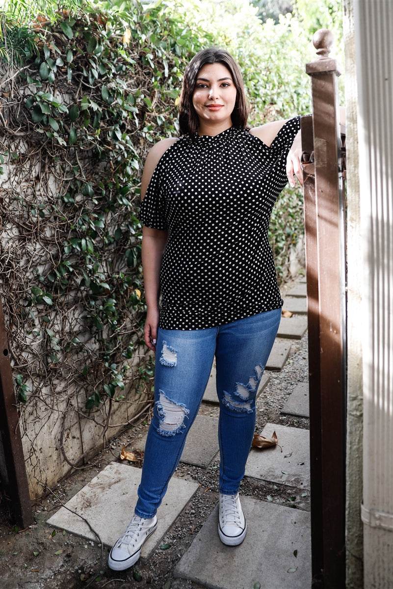 Plus Polka Dot Cold Shoulder Short Sleeve Back Self-tie Top - VacationGrabs