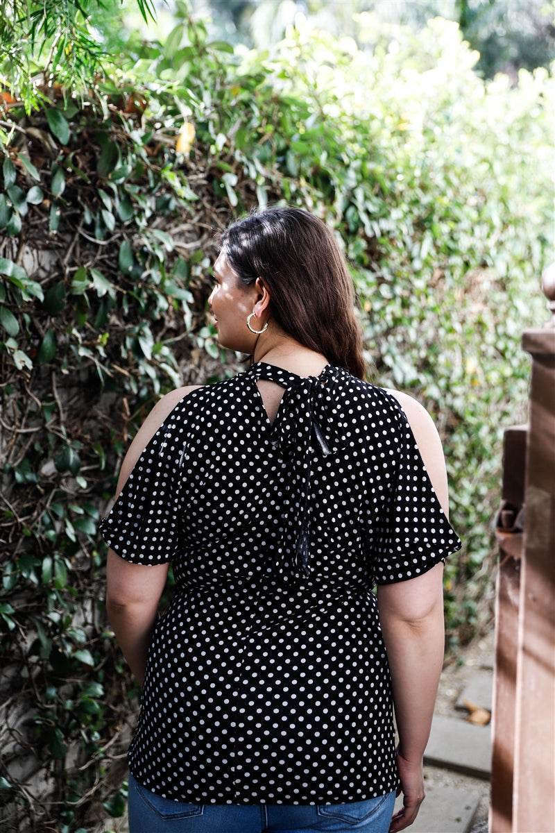 Plus Polka Dot Cold Shoulder Short Sleeve Back Self-tie Top - VacationGrabs