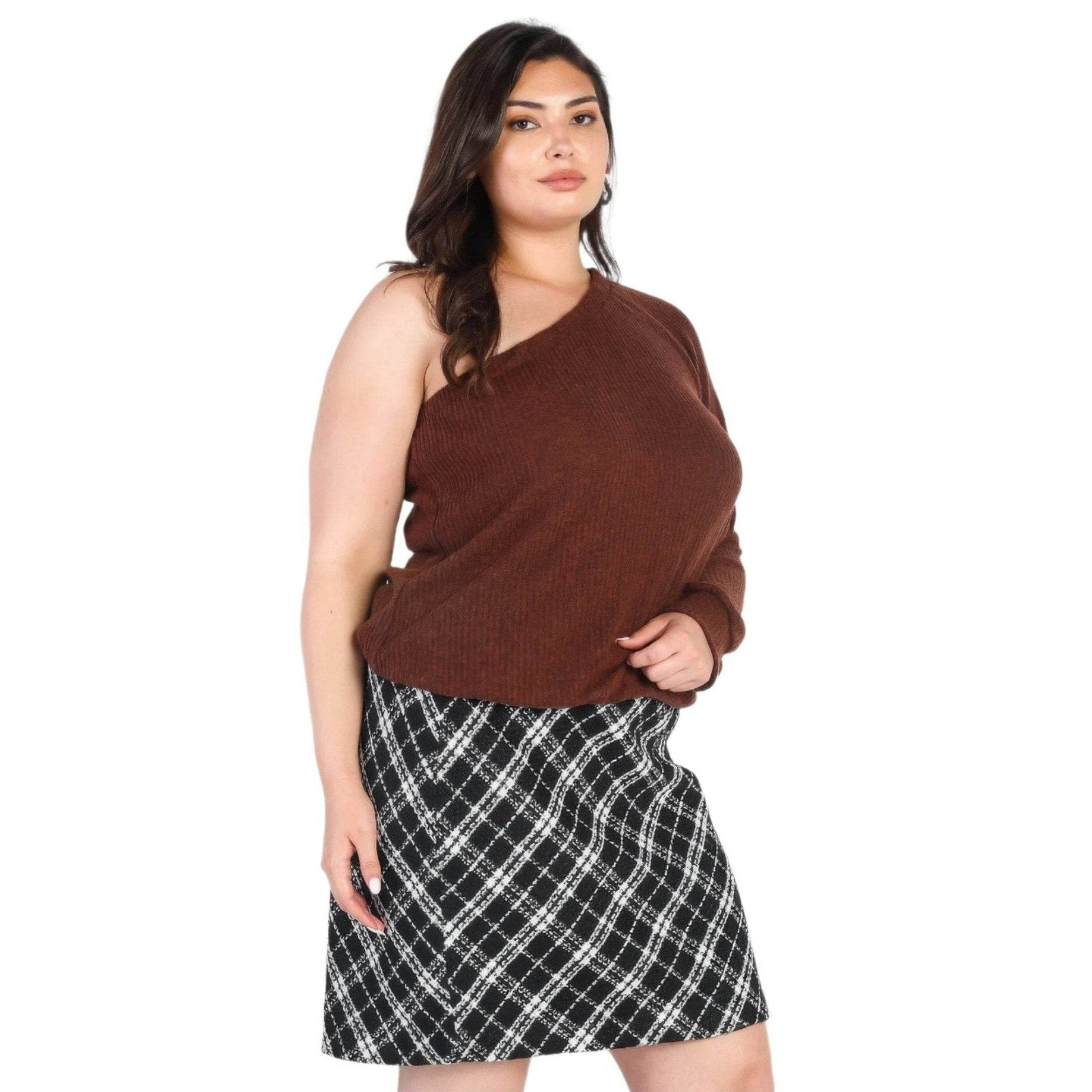 Plus Brown Ribbed Textured One Shoulder Top - VacationGrabs