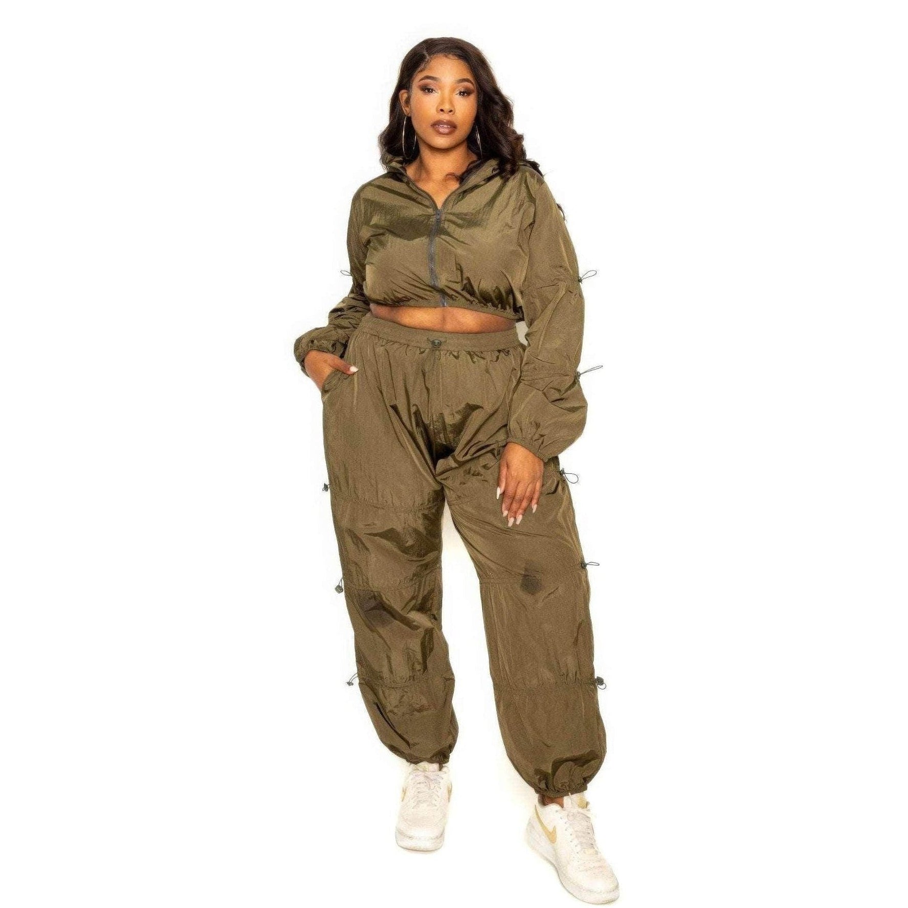 Olive Active Zip Up Set With Cord Lock Detail - VacationGrabs