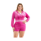 Plus Size Velour Crop Zip Up Hoodie And Shorts Set - VacationGrabs