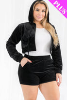 Plus Size Velour Crop Zip Up Hoodie And Shorts Set - VacationGrabs