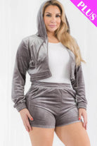 Plus Size Velour Crop Zip Up Hoodie And Shorts Set - VacationGrabs