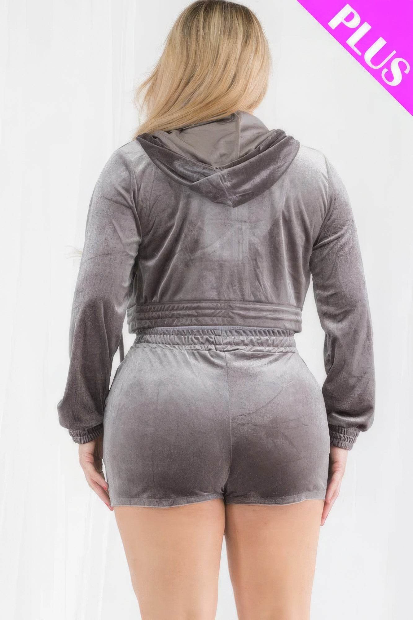 Plus Size Velour Crop Zip Up Hoodie And Shorts Set - VacationGrabs