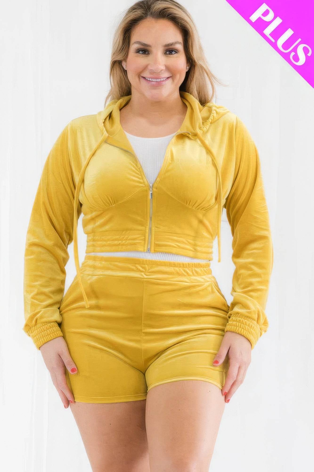 Plus Size Velour Crop Zip Up Hoodie And Shorts Set - VacationGrabs