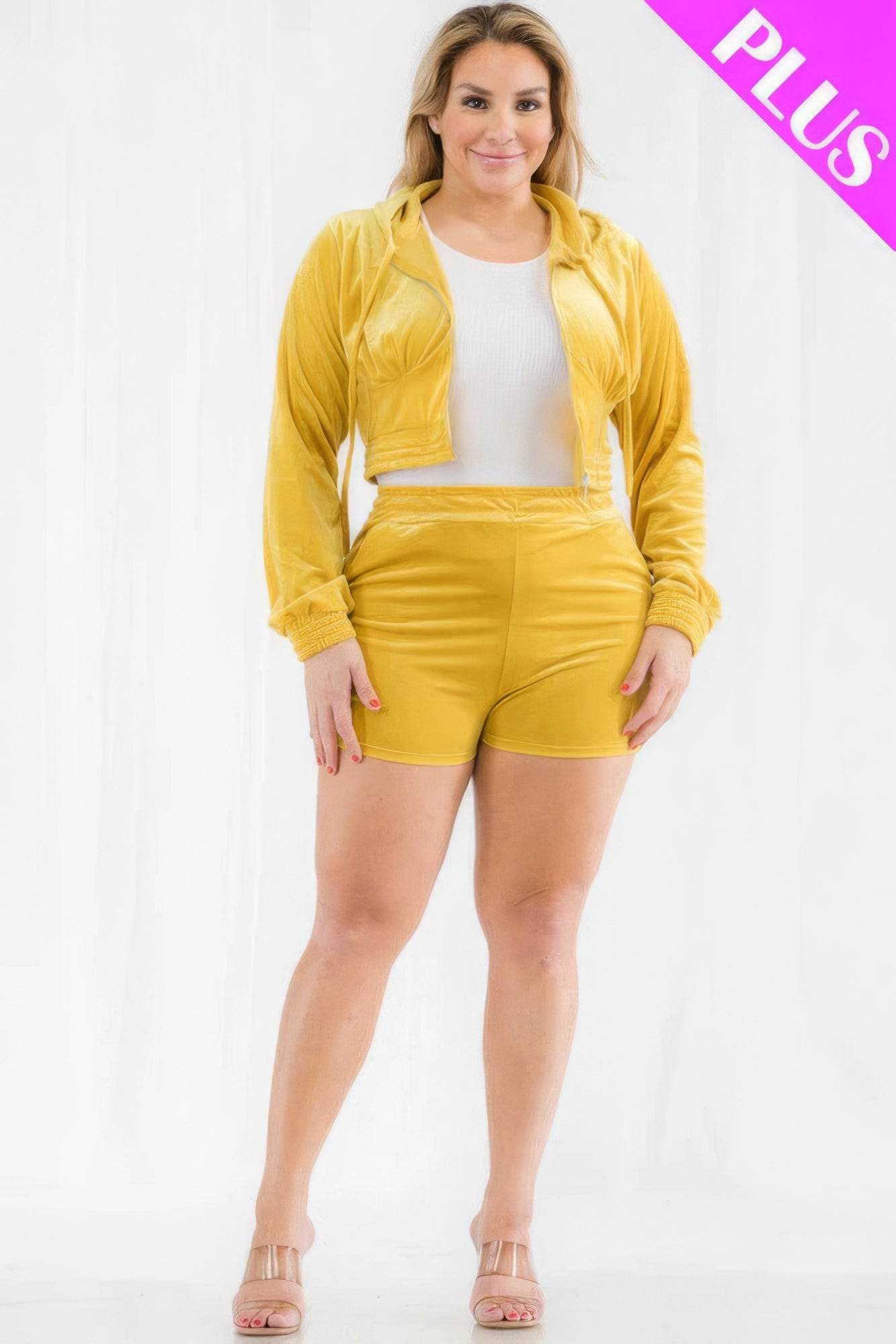 Plus Size Velour Crop Zip Up Hoodie And Shorts Set - VacationGrabs
