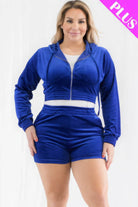 Plus Size Velour Crop Zip Up Hoodie And Shorts Set - VacationGrabs
