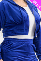 Plus Size Velour Crop Zip Up Hoodie And Shorts Set - VacationGrabs