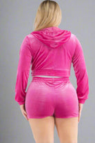 Plus Size Velour Crop Zip Up Hoodie And Shorts Set - VacationGrabs