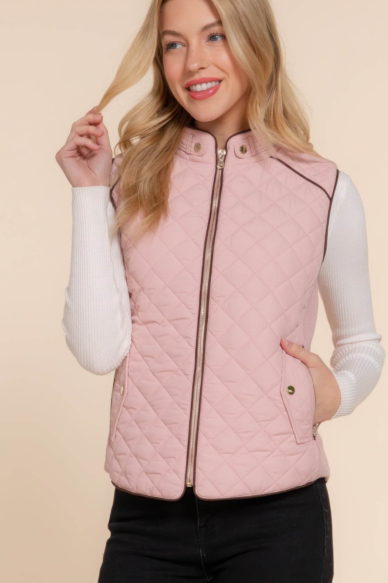 Suede Piping Quilted Padding Vest - VacationGrabs