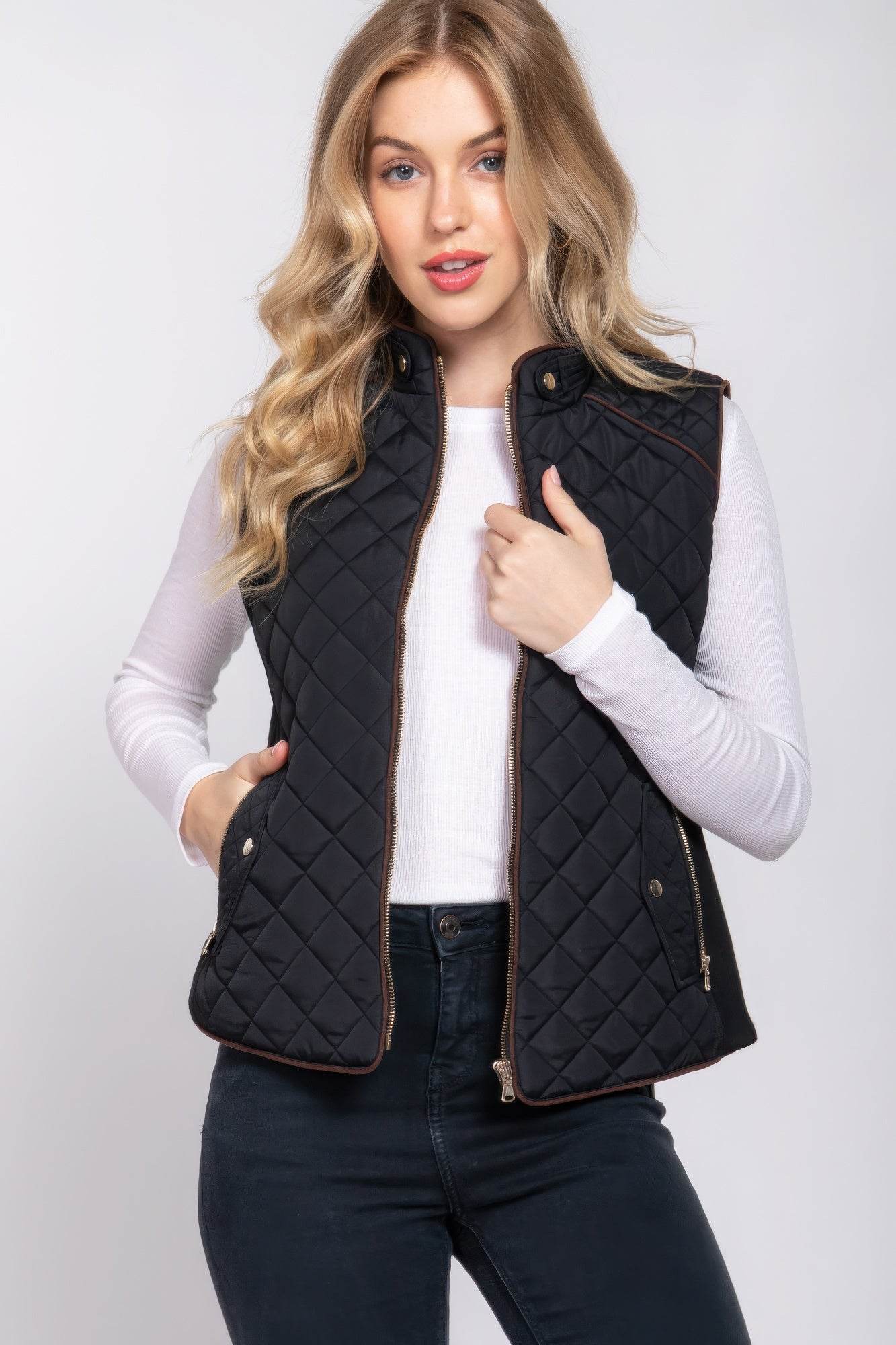 Suede Piping Quilted Padding Vest - VacationGrabs