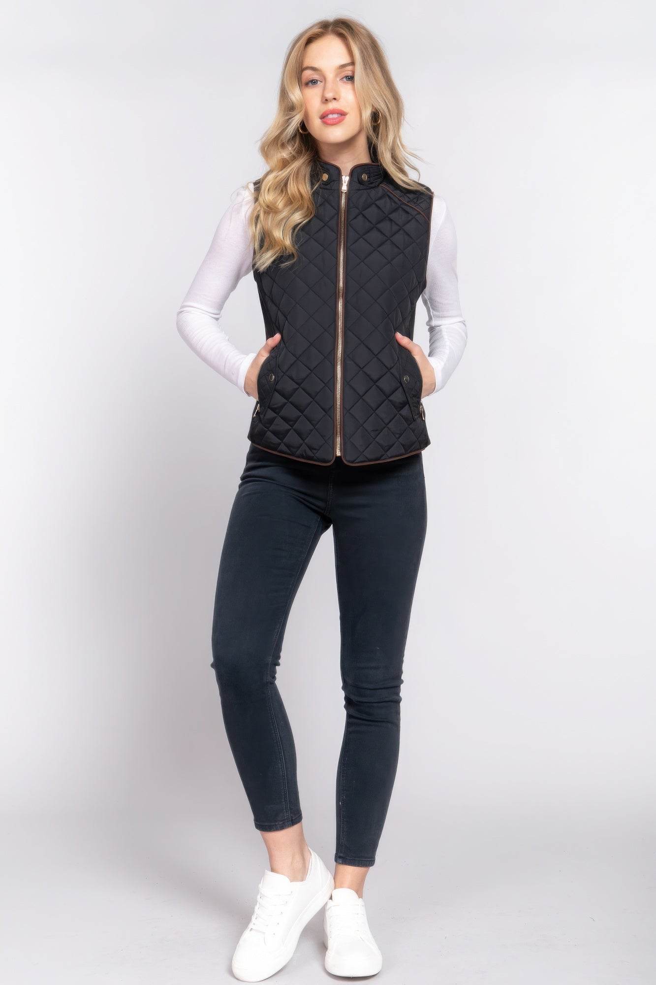 Suede Piping Quilted Padding Vest - VacationGrabs