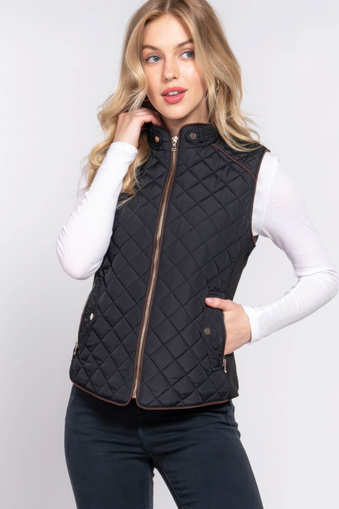 Suede Piping Quilted Padding Vest - VacationGrabs