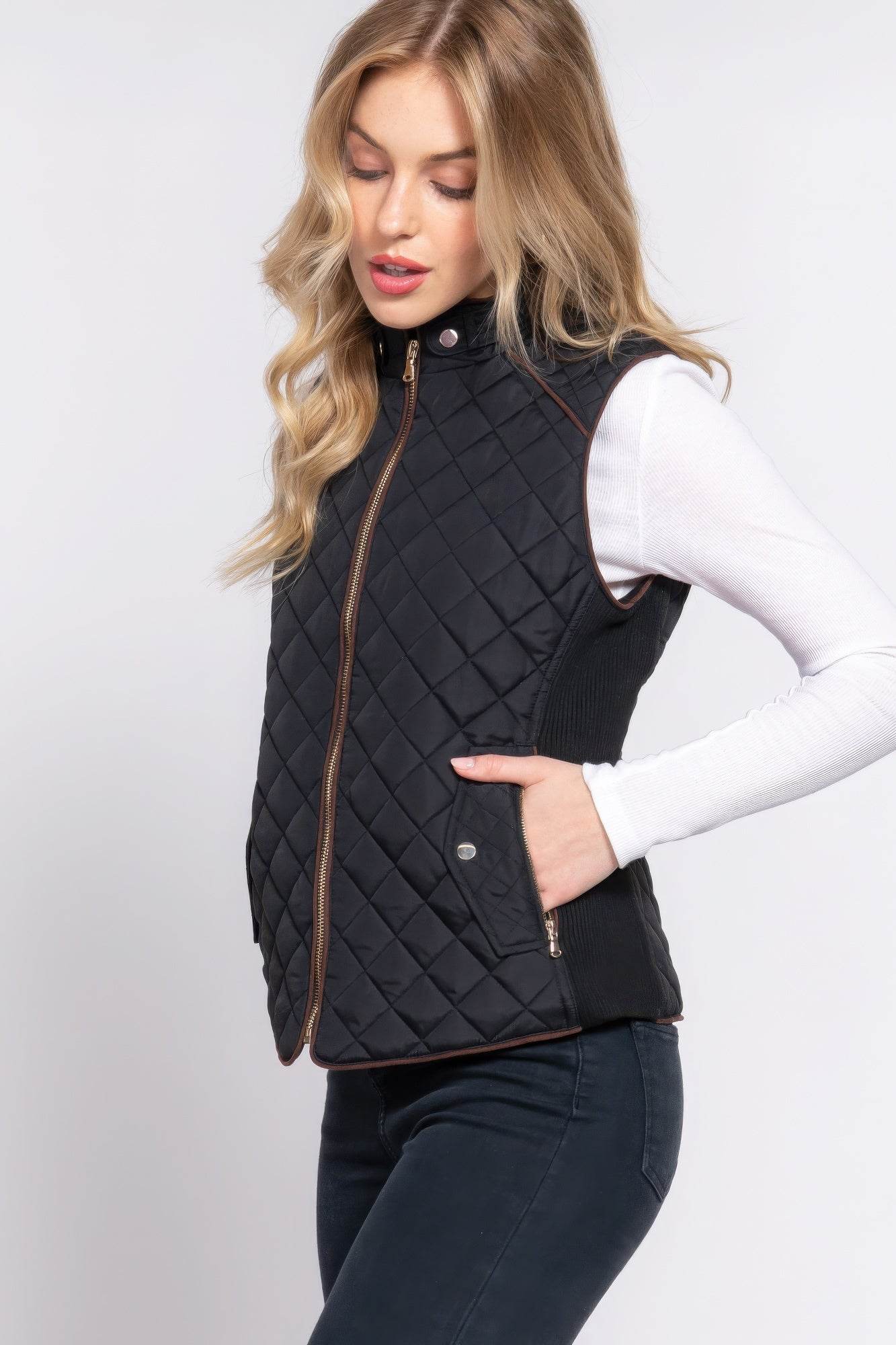 Suede Piping Quilted Padding Vest - VacationGrabs
