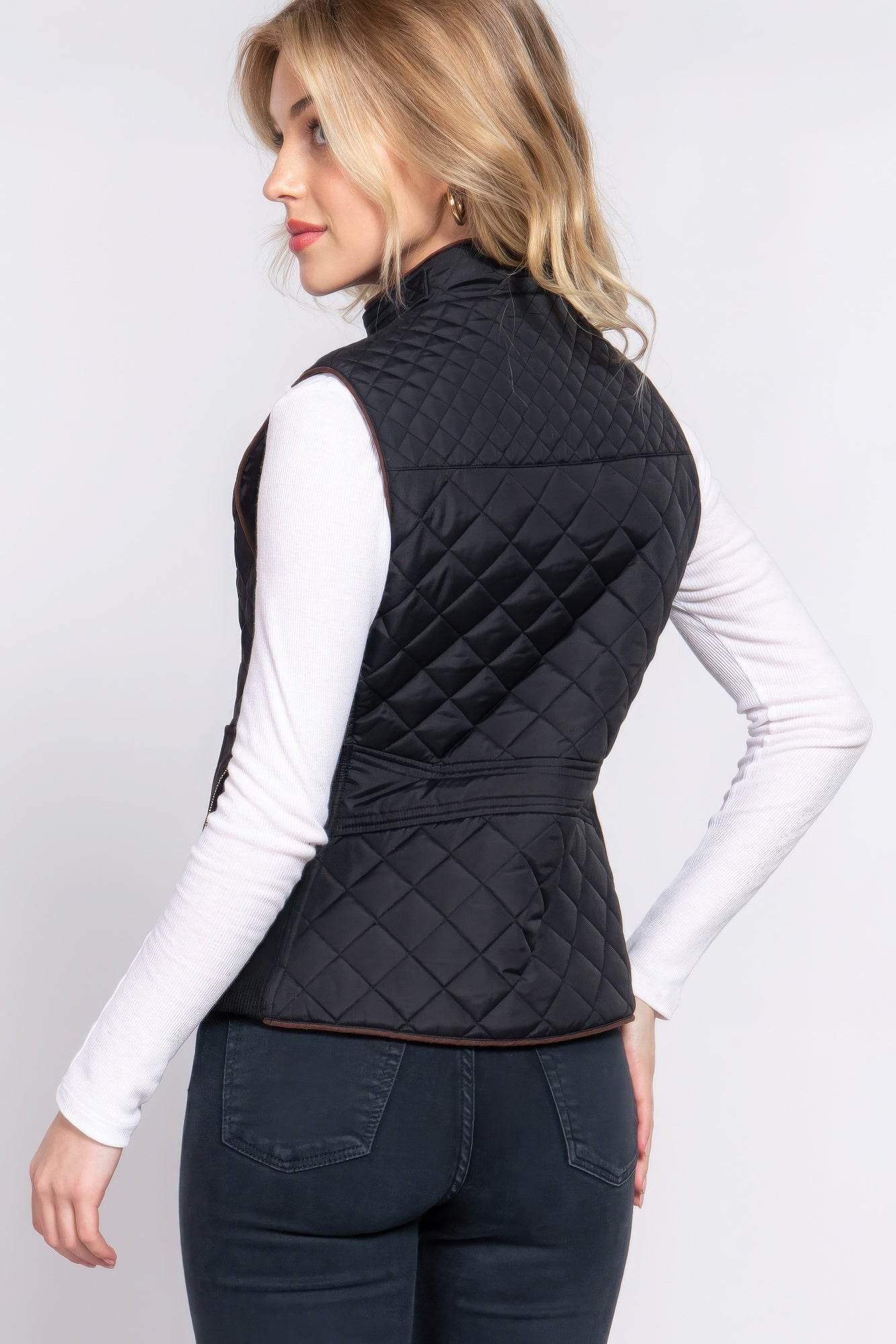 Suede Piping Quilted Padding Vest - VacationGrabs