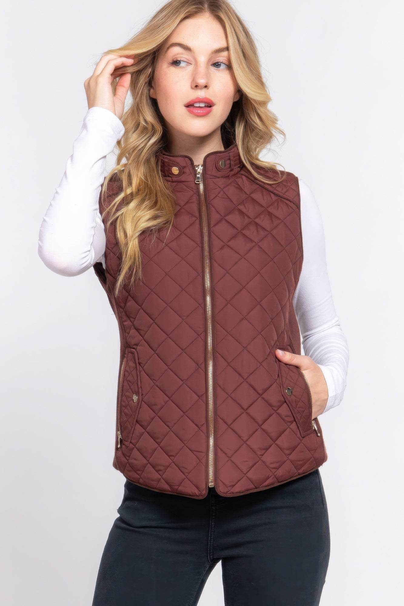 Suede Piping Quilted Padding Vest - VacationGrabs