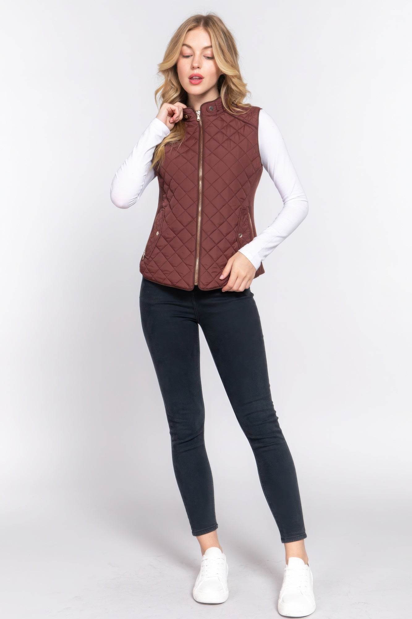 Suede Piping Quilted Padding Vest - VacationGrabs
