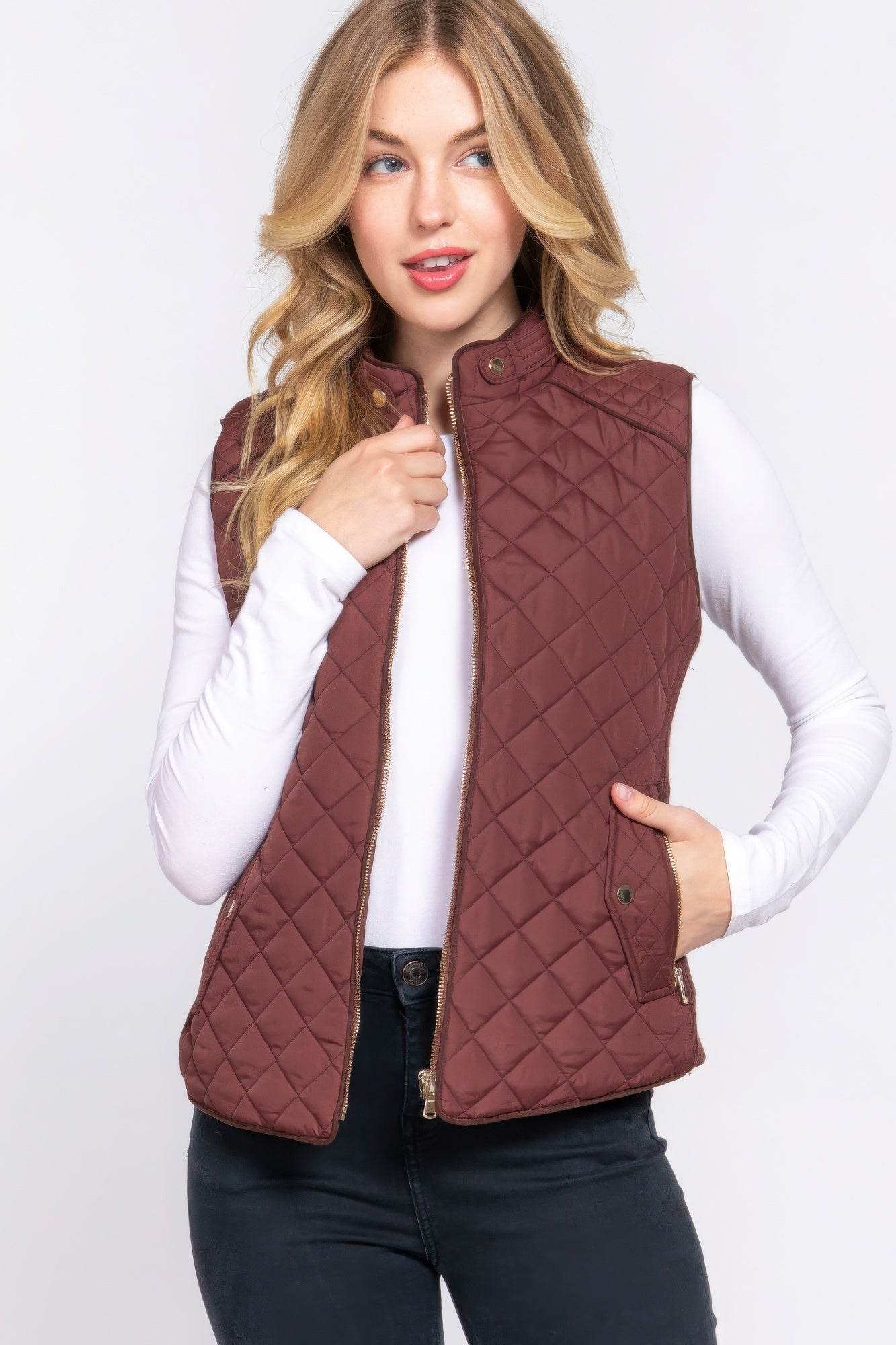 Suede Piping Quilted Padding Vest - VacationGrabs