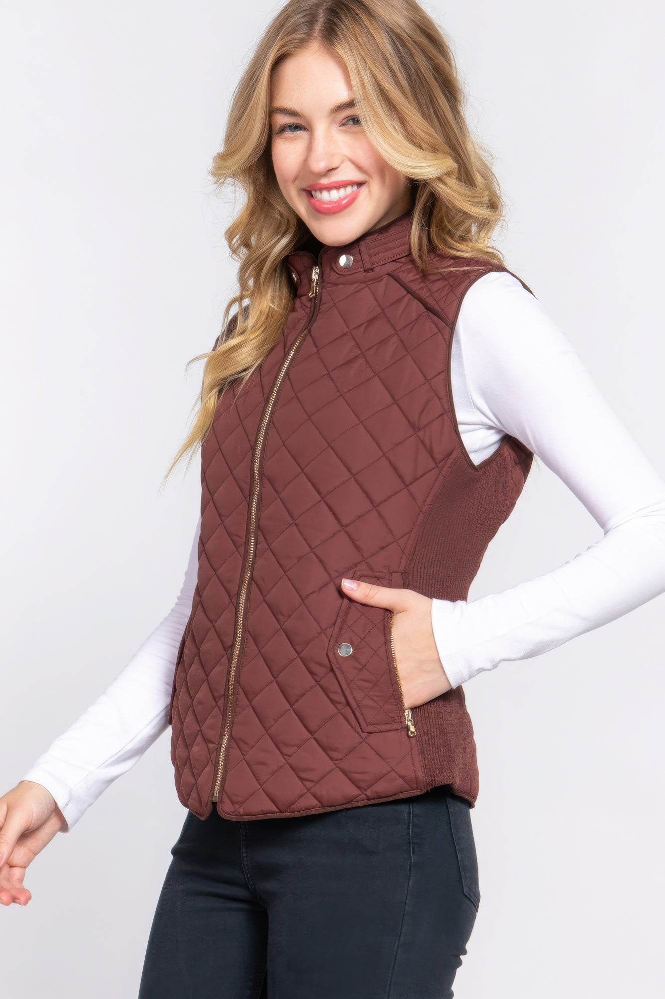 Suede Piping Quilted Padding Vest - VacationGrabs