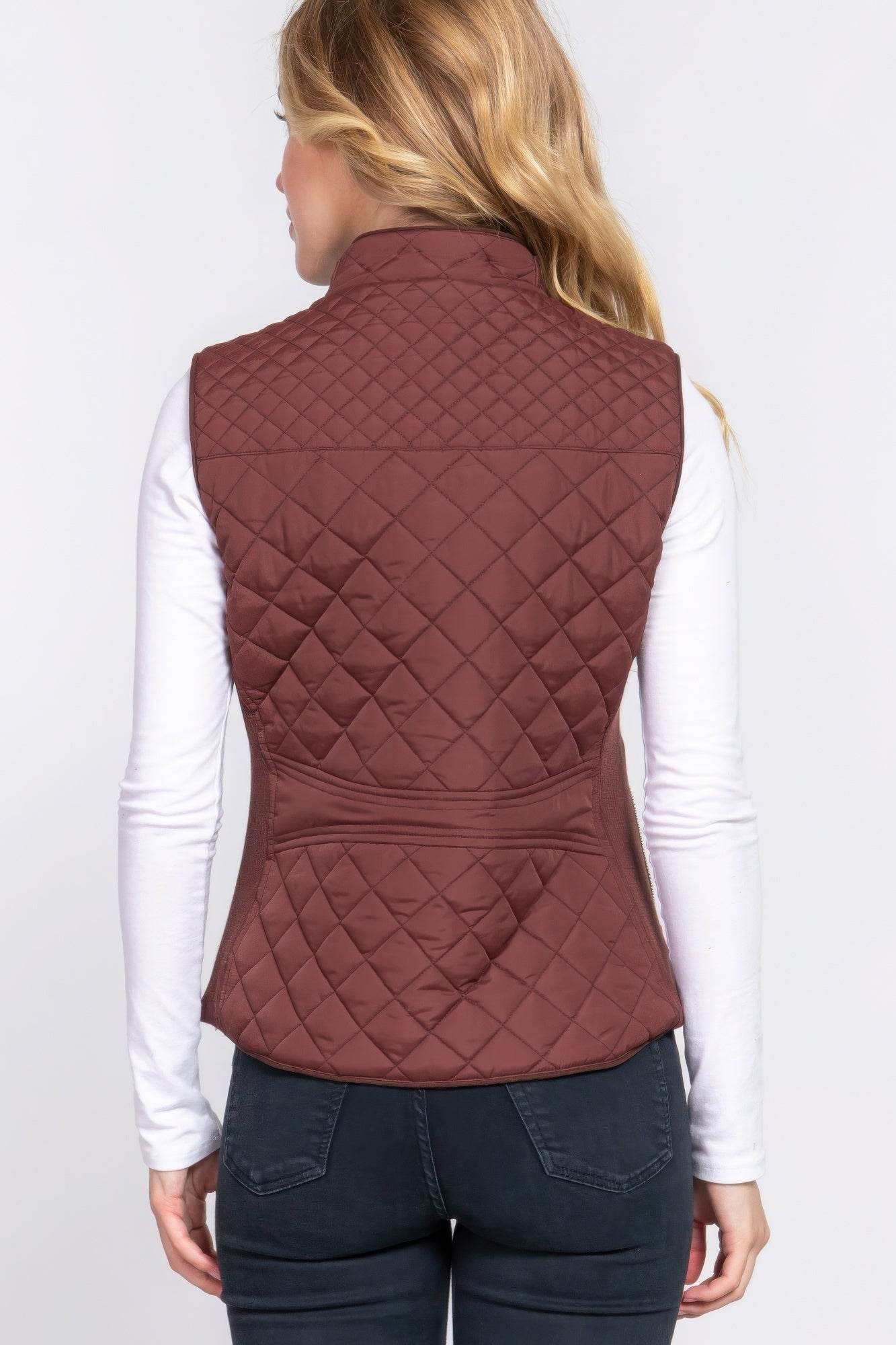 Suede Piping Quilted Padding Vest - VacationGrabs