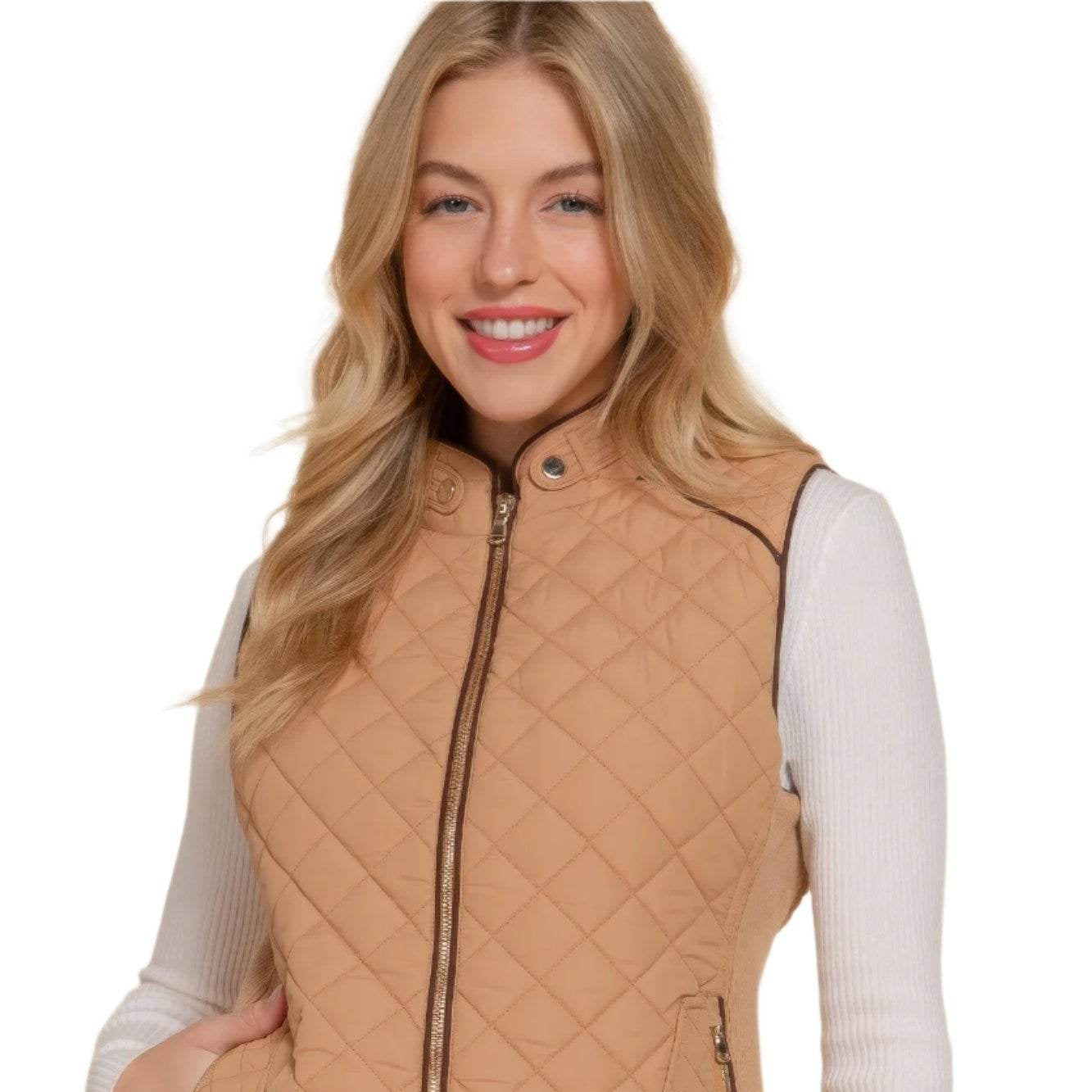 Suede Piping Quilted Padding Vest - VacationGrabs