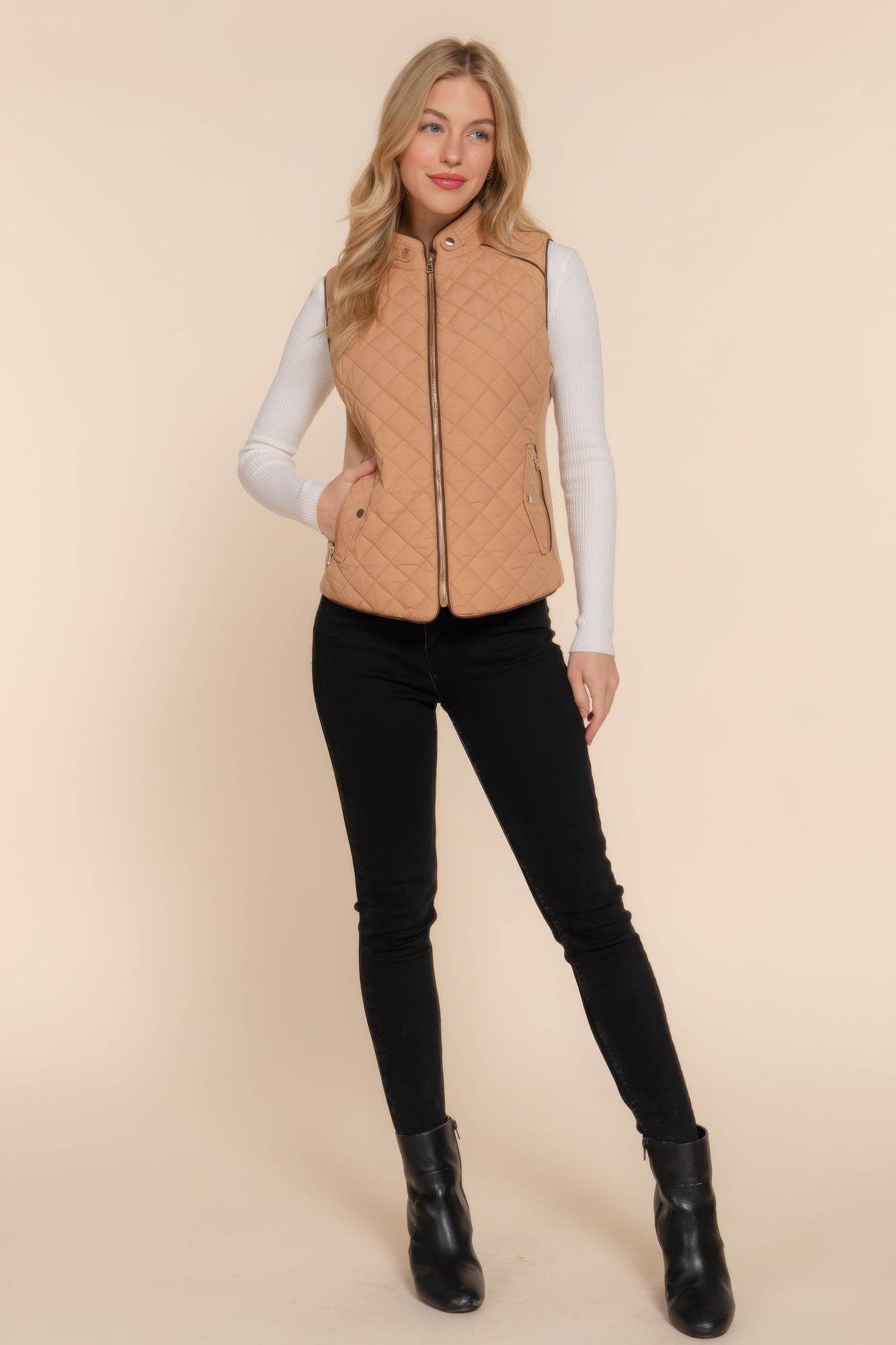 Suede Piping Quilted Padding Vest - VacationGrabs