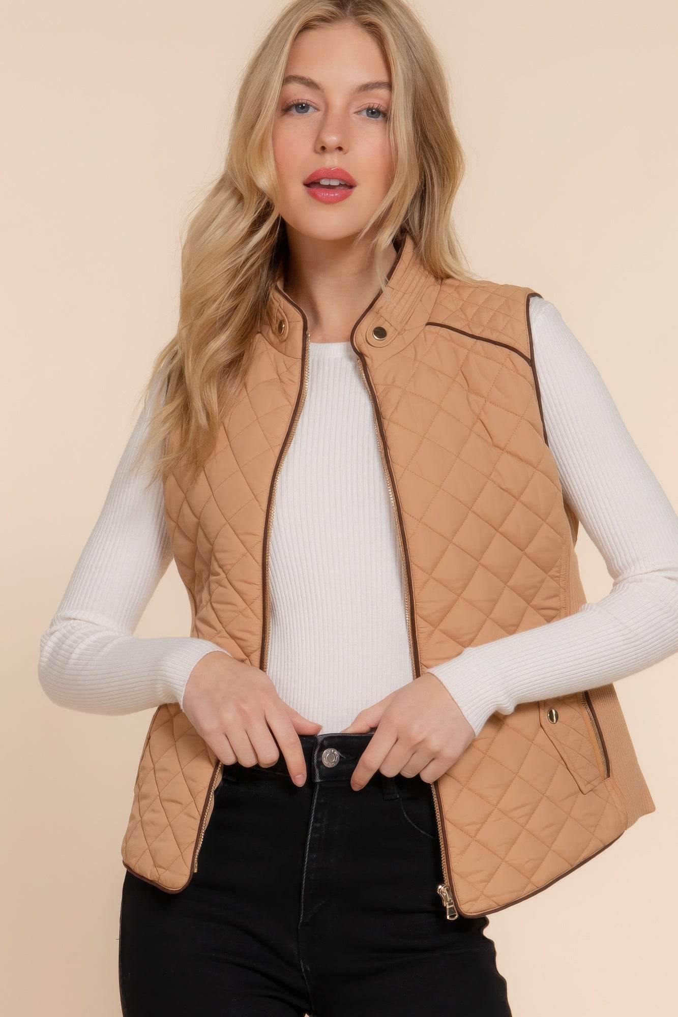 Suede Piping Quilted Padding Vest - VacationGrabs