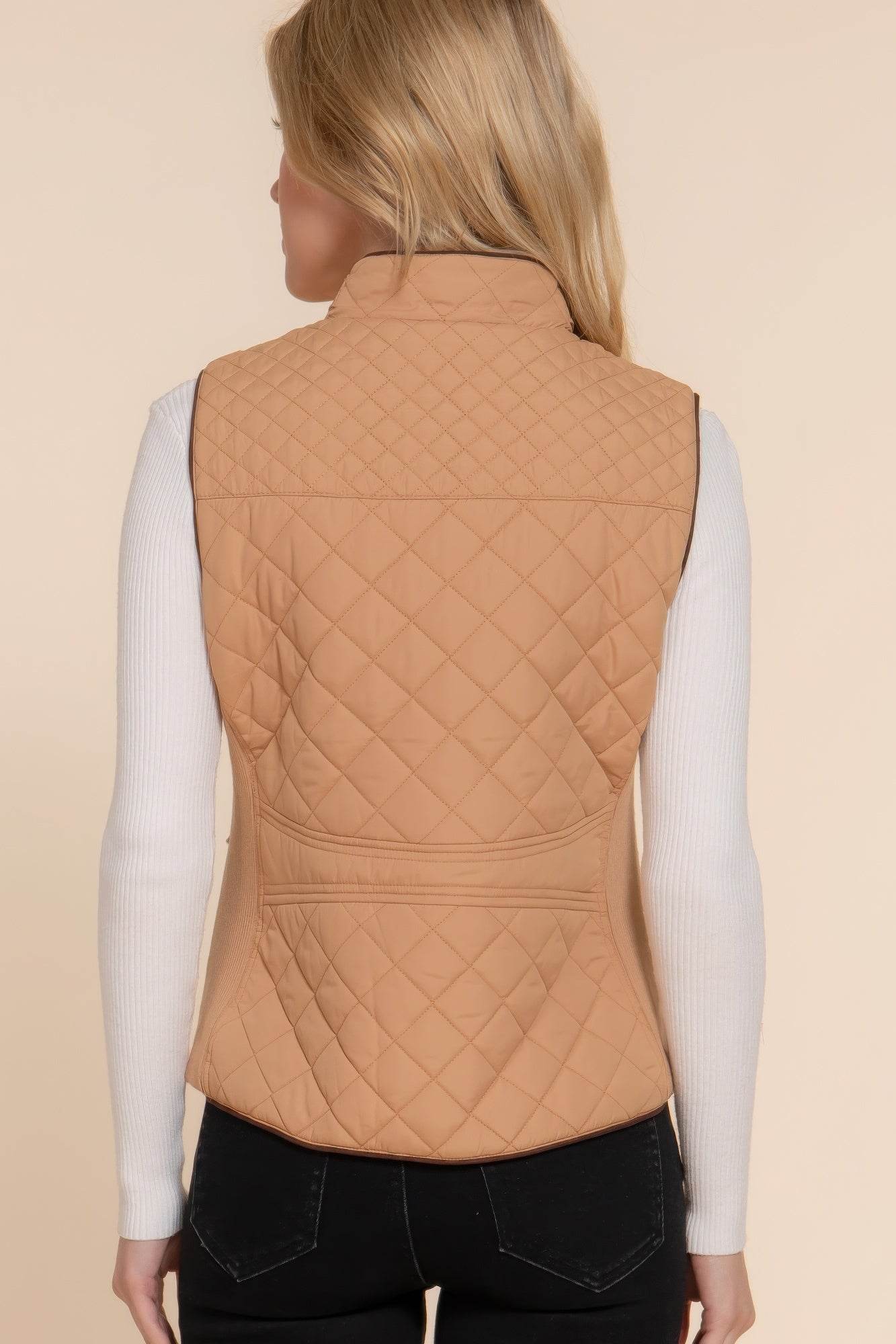 Suede Piping Quilted Padding Vest - VacationGrabs