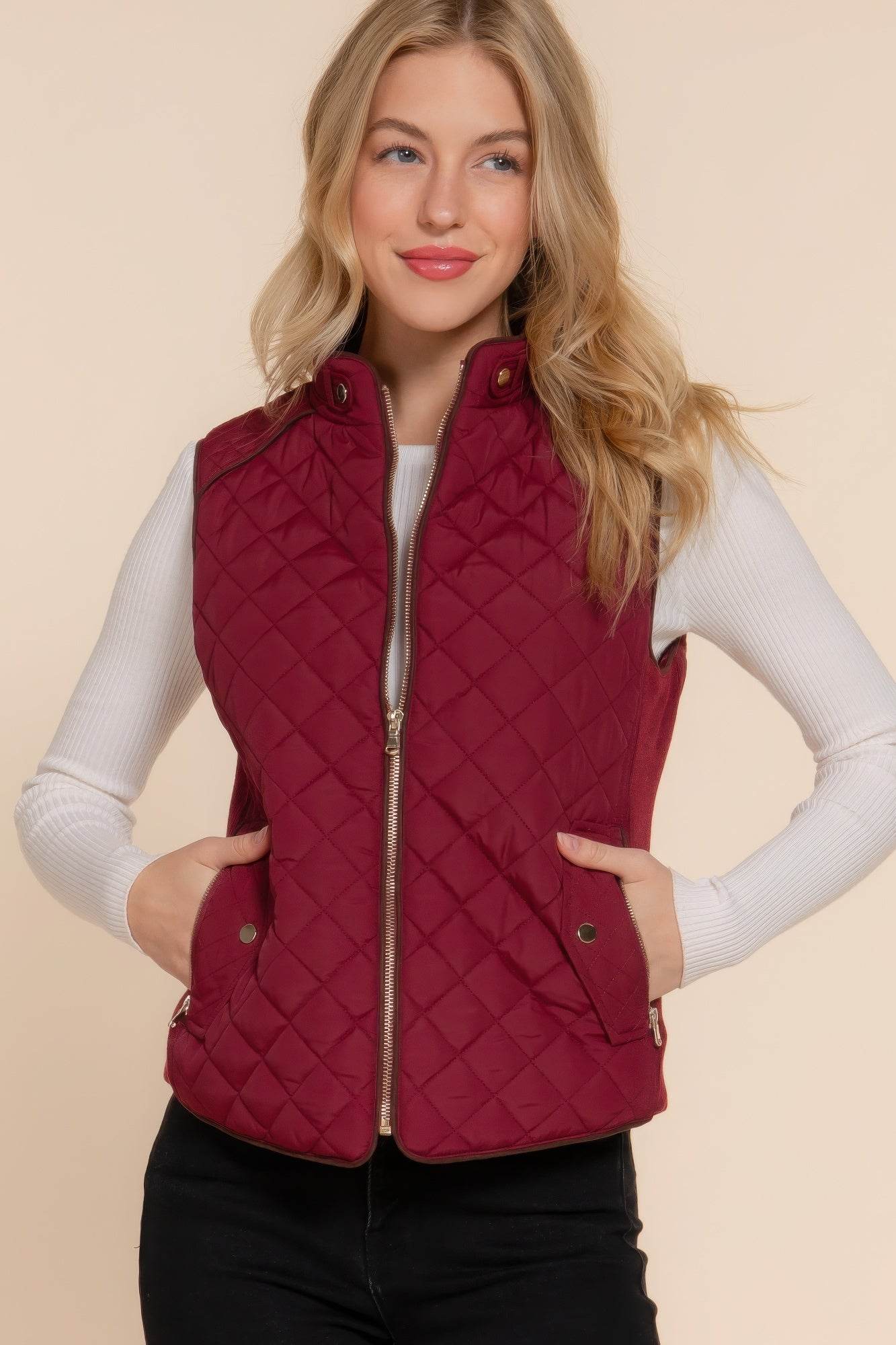 Suede Piping Quilted Padding Vest - VacationGrabs