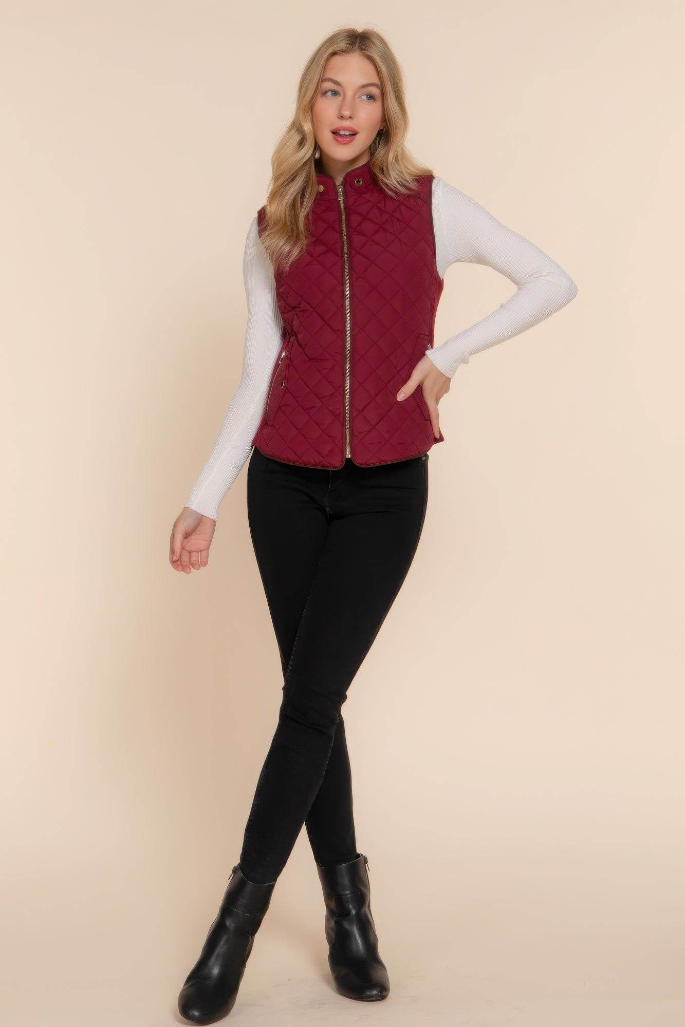 Suede Piping Quilted Padding Vest - VacationGrabs