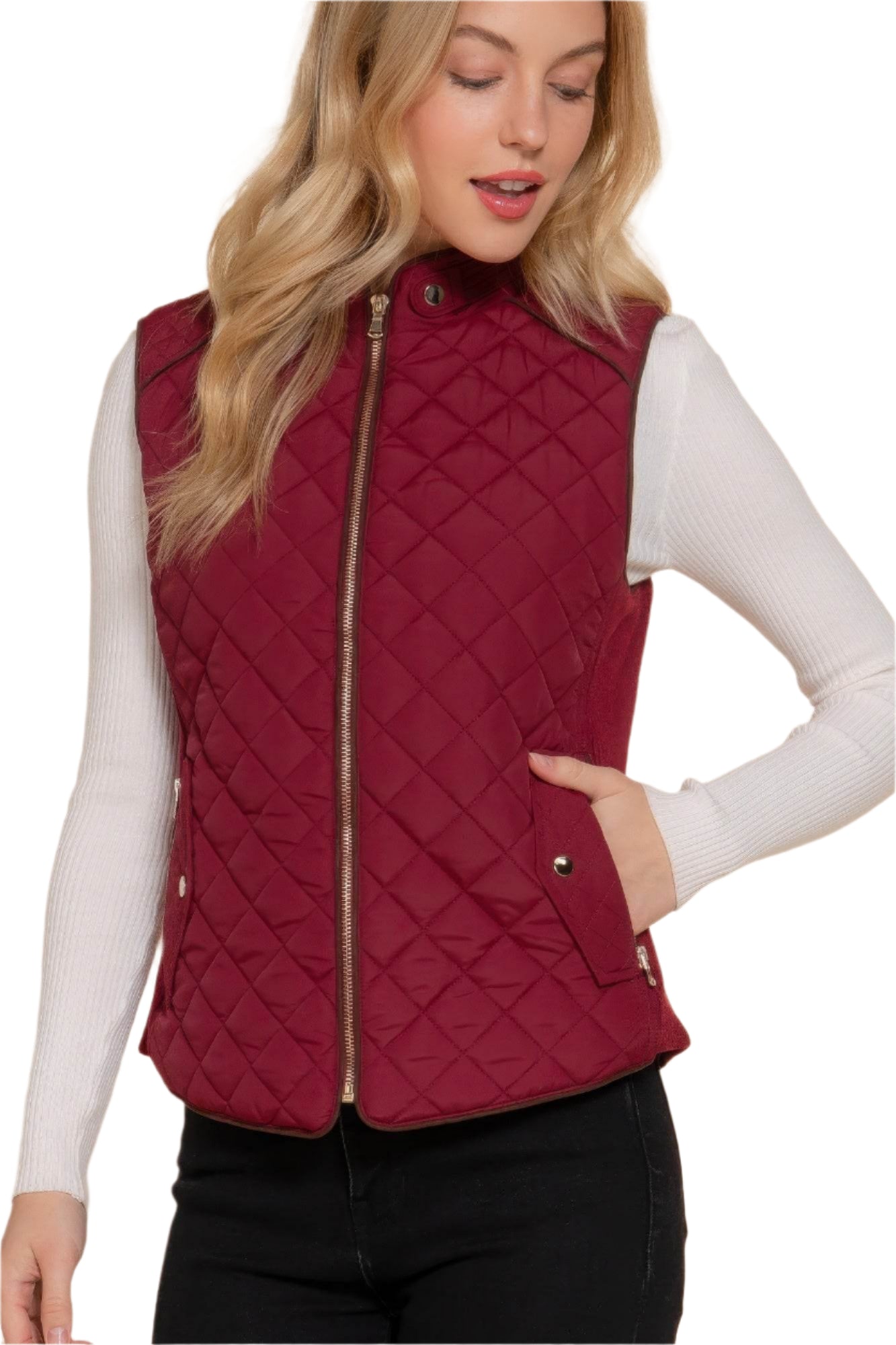 Suede Piping Quilted Padding Vest - VacationGrabs
