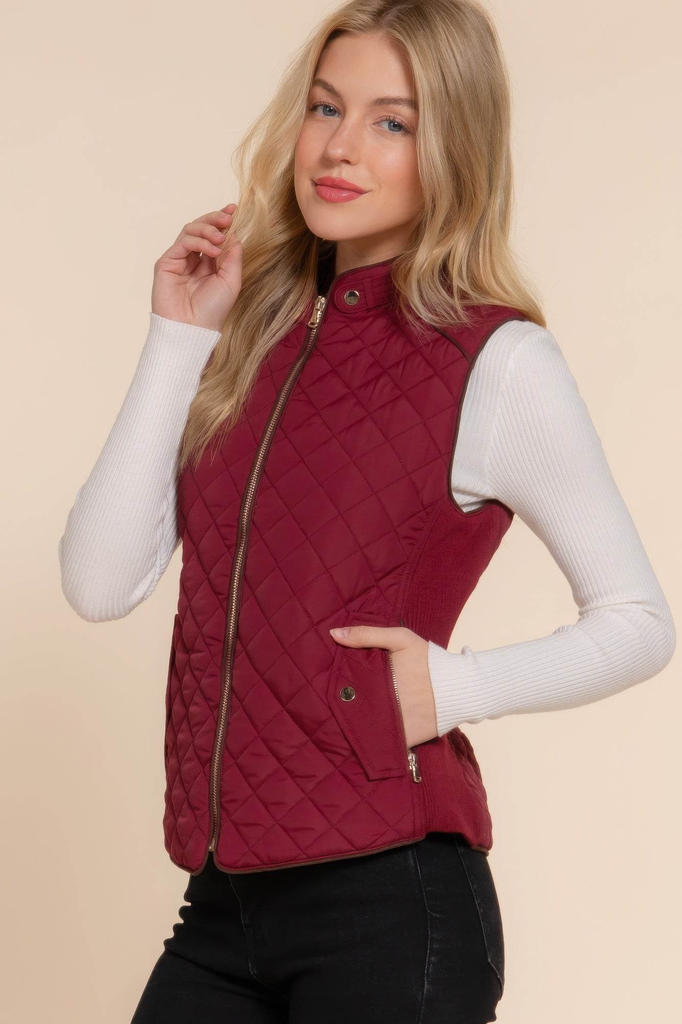 Suede Piping Quilted Padding Vest - VacationGrabs