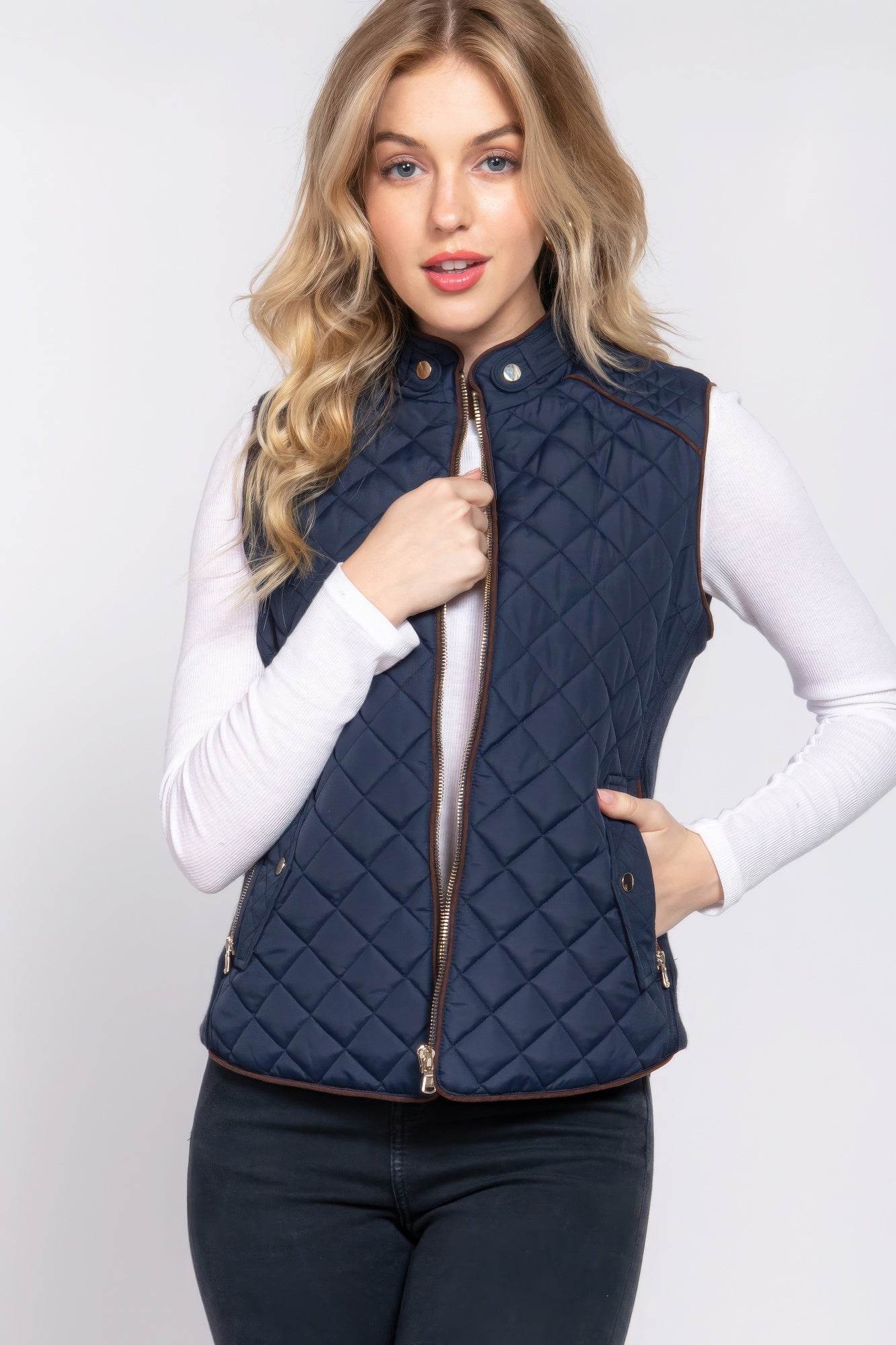 Suede Piping Quilted Padding Vest - VacationGrabs