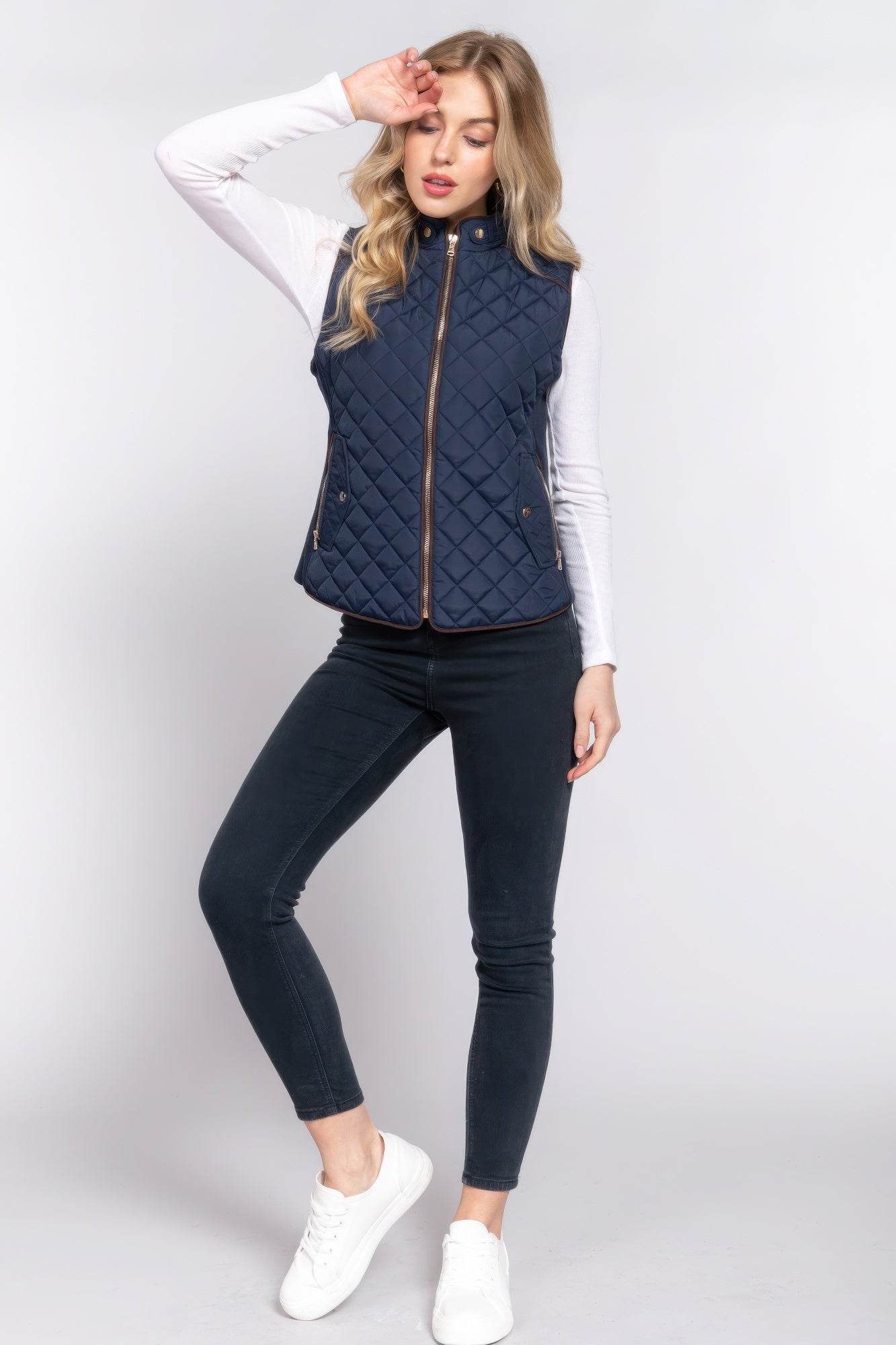 Suede Piping Quilted Padding Vest - VacationGrabs
