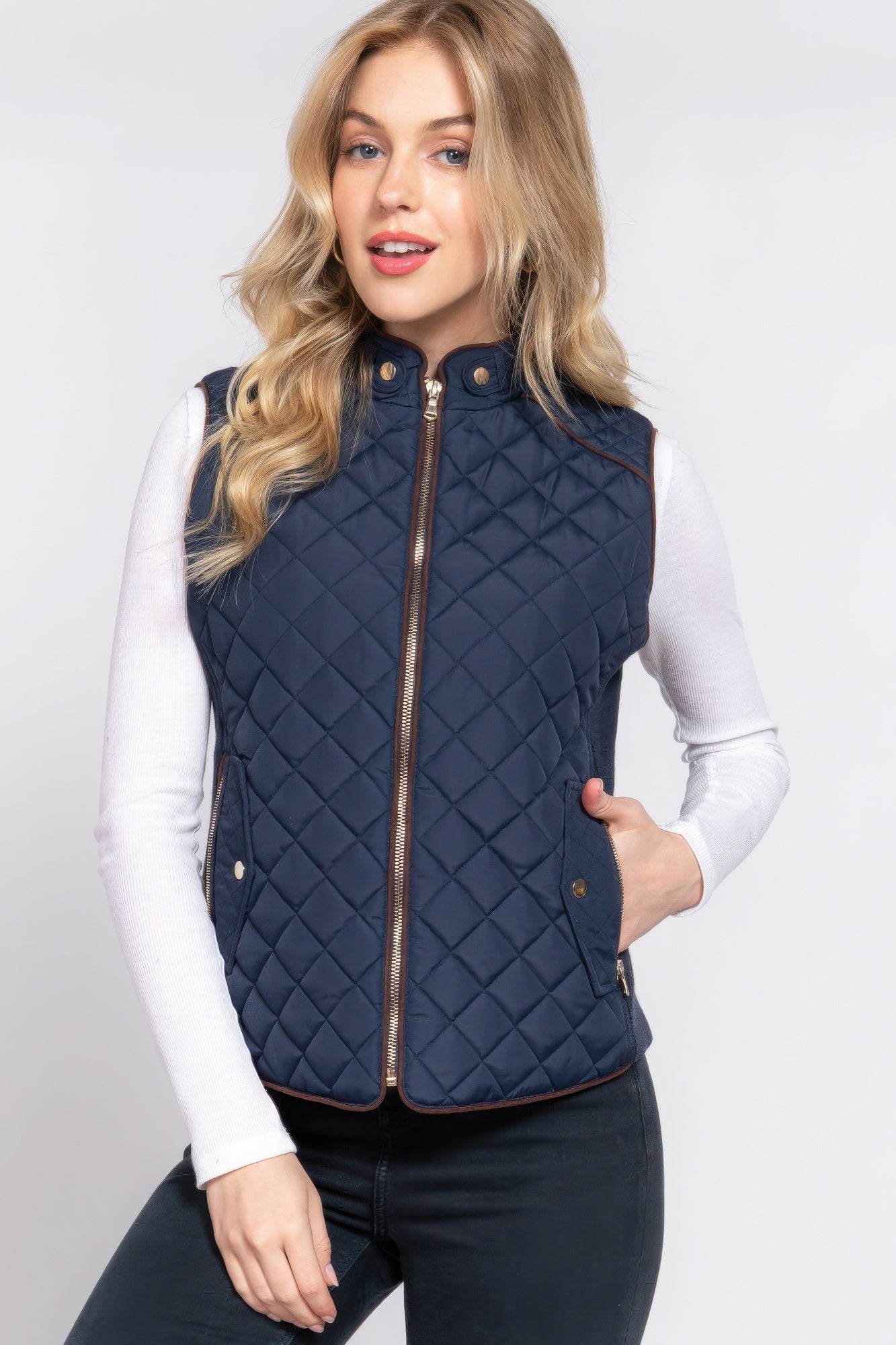 Suede Piping Quilted Padding Vest - VacationGrabs