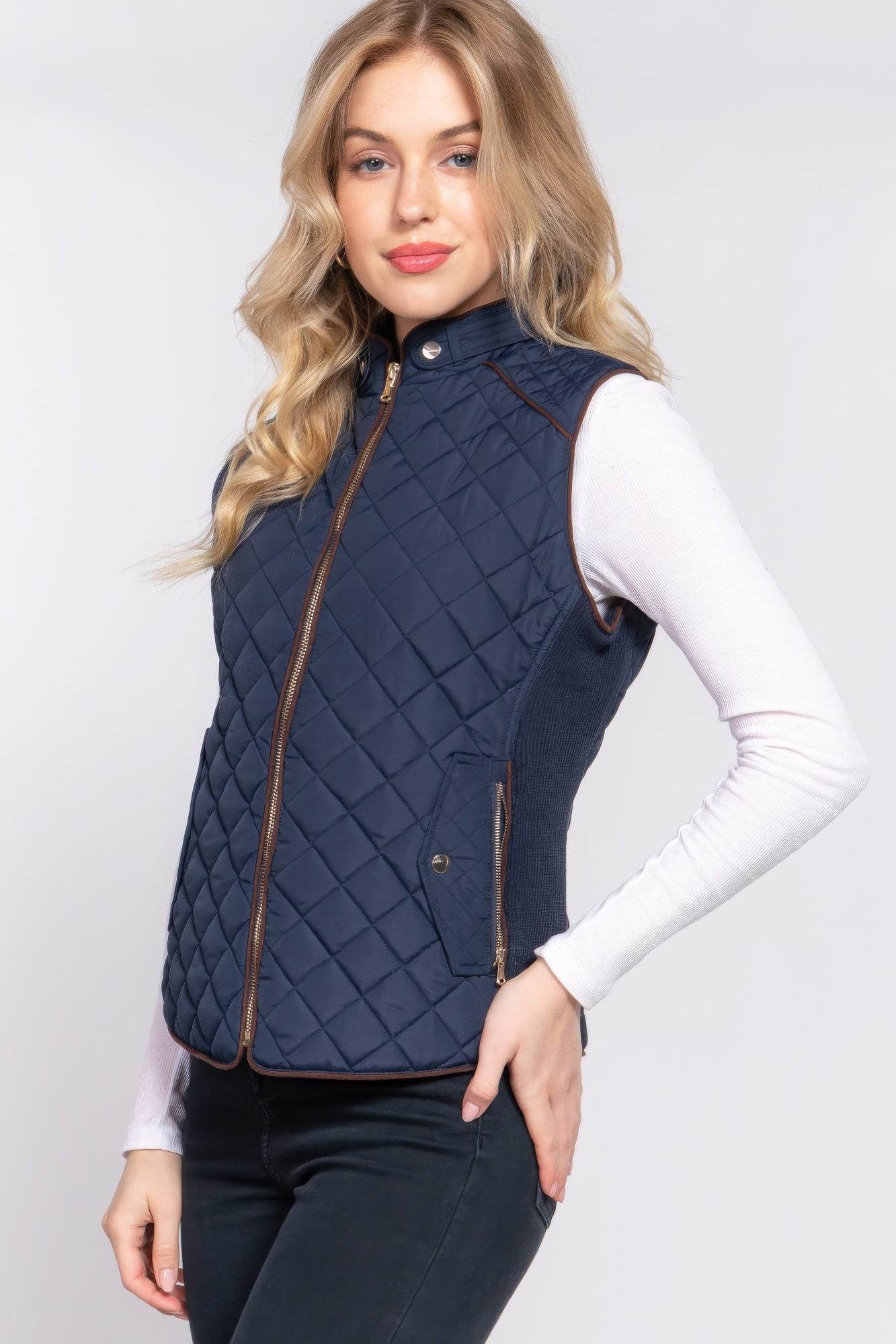 Suede Piping Quilted Padding Vest - VacationGrabs