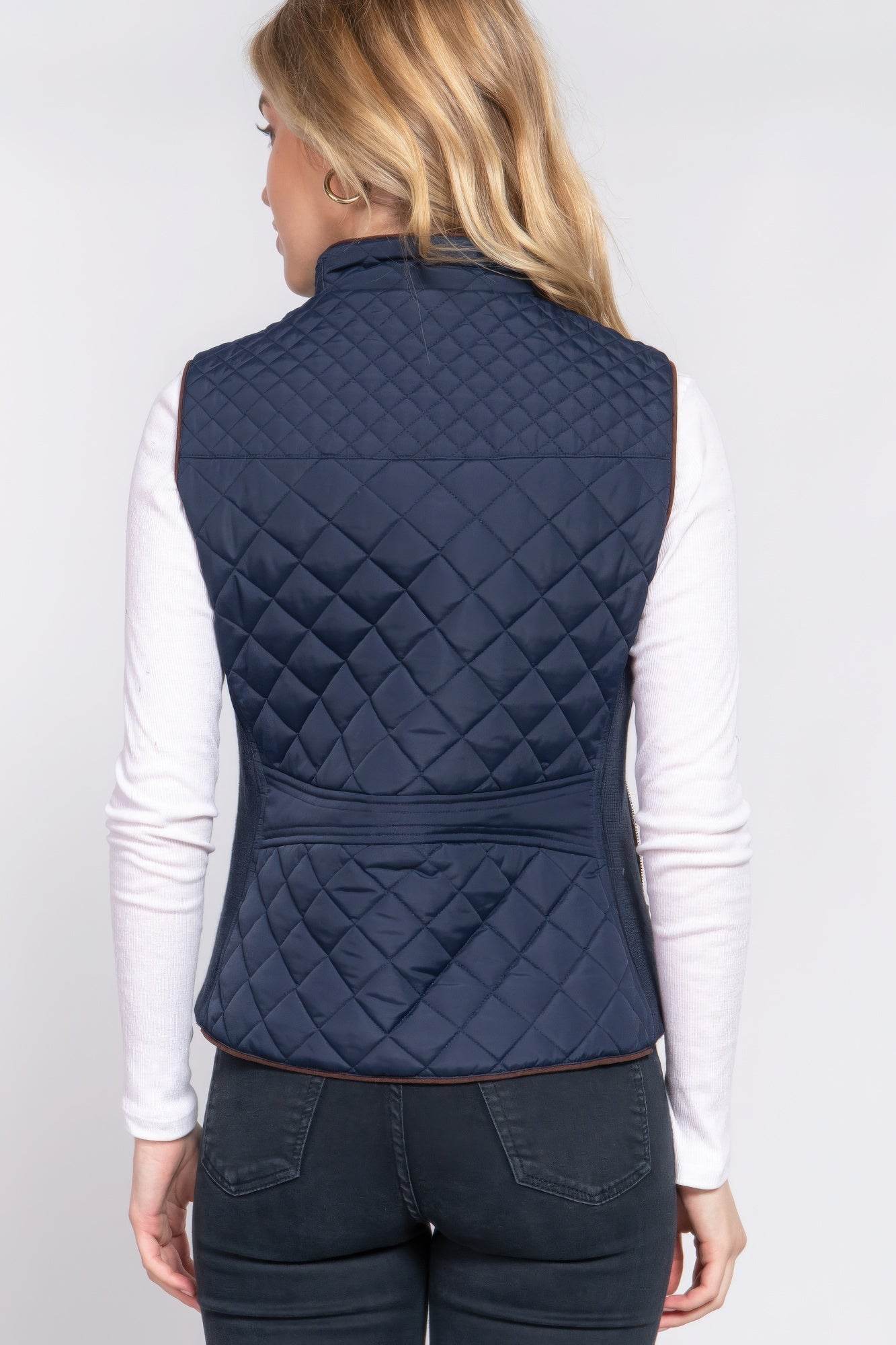 Suede Piping Quilted Padding Vest - VacationGrabs