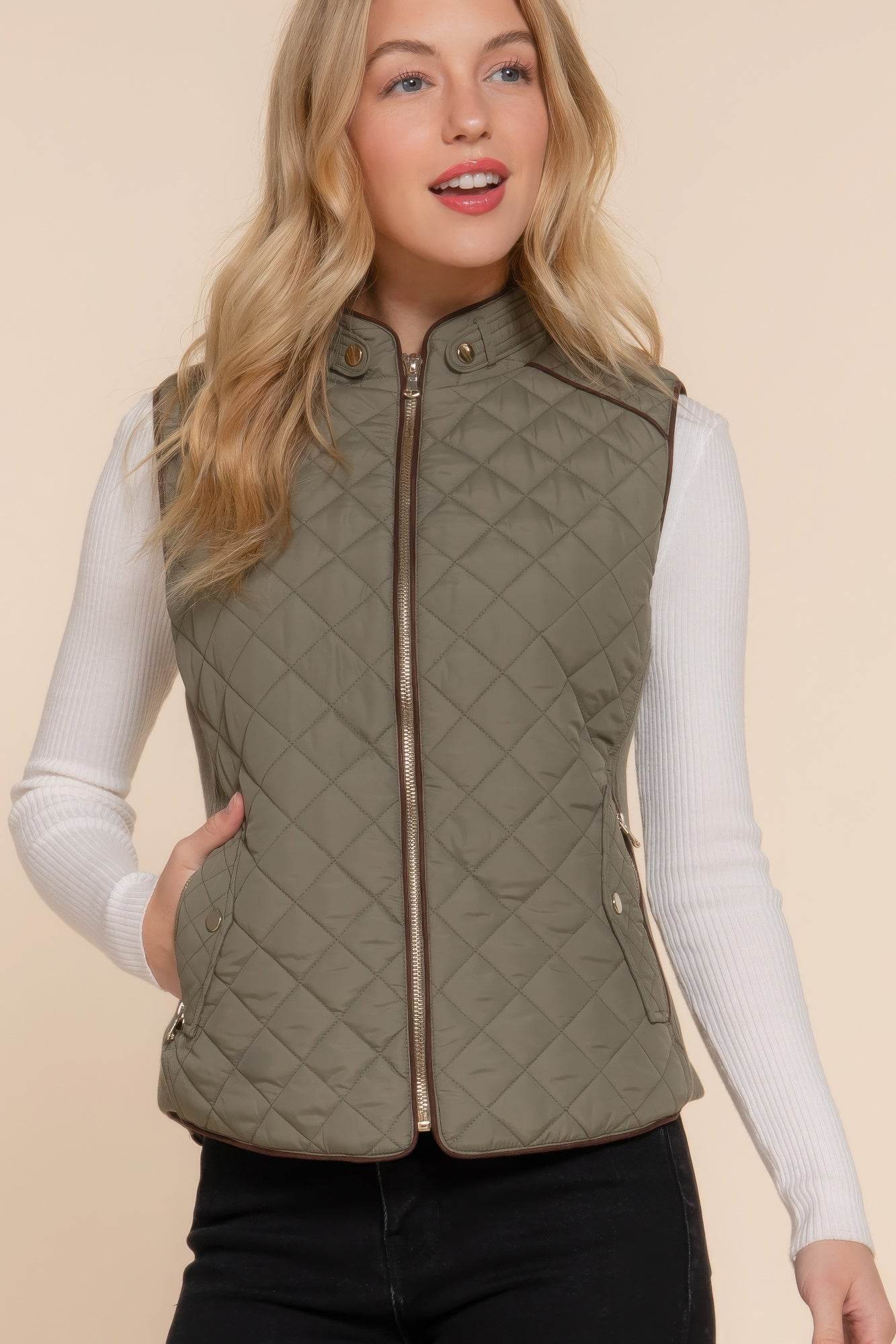 Suede Piping Quilted Padding Vest - VacationGrabs