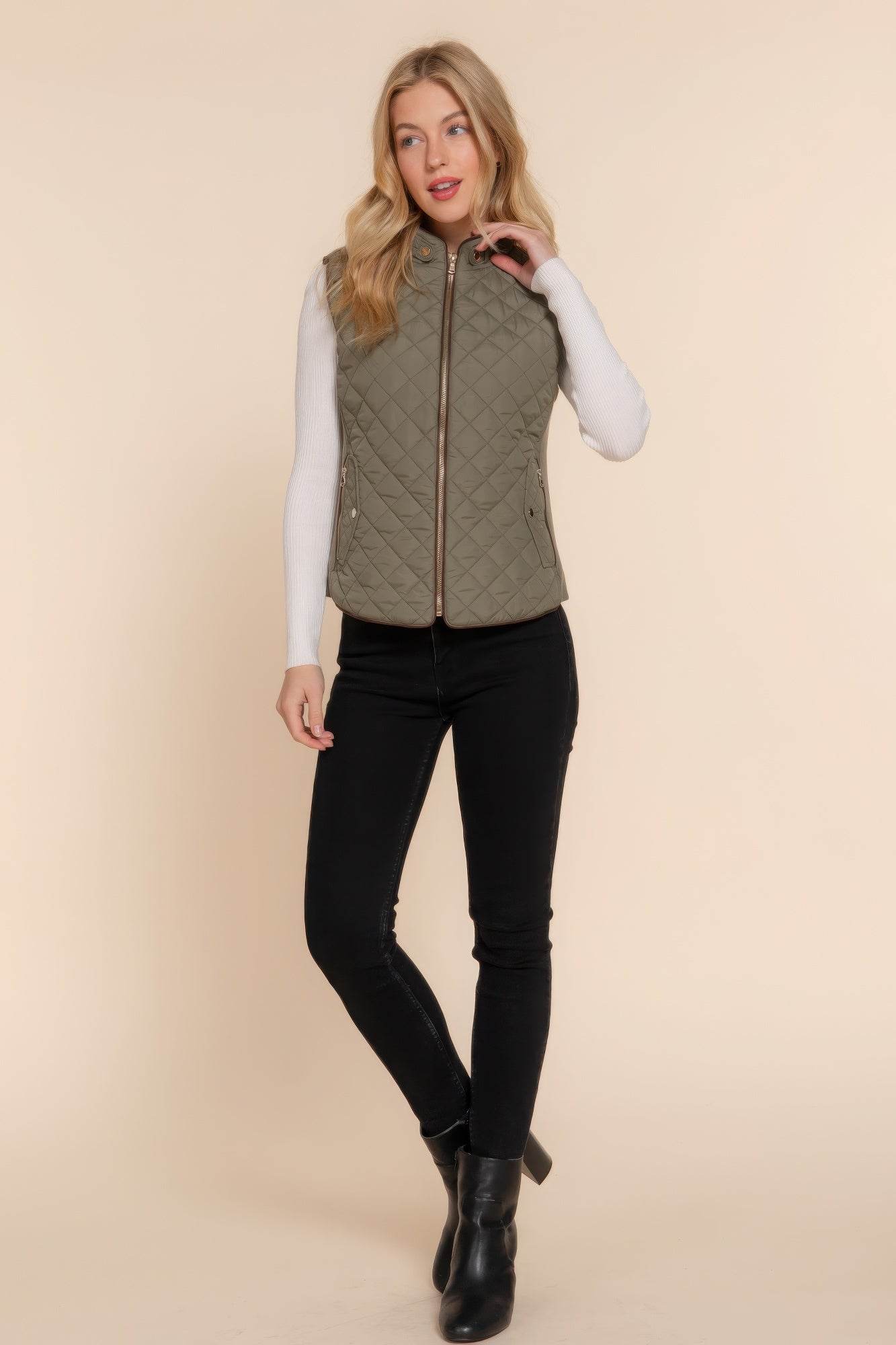 Suede Piping Quilted Padding Vest - VacationGrabs